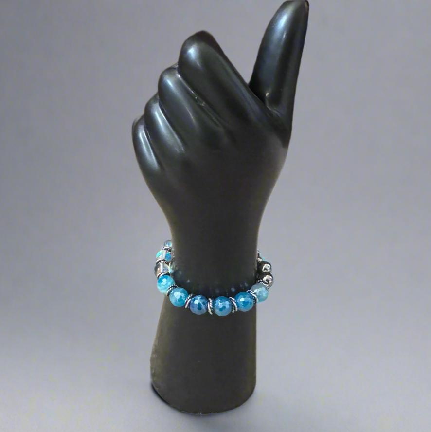 Blue Plated Agate & Silver Hematite Bracelet with Fire - Polished Charm – Handmade on Elastic Cord - Gezia Accents