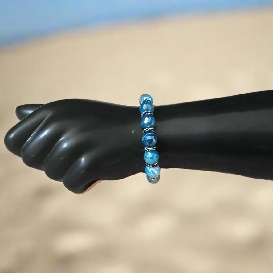 Blue Plated Agate & Silver Hematite Bracelet with Fire - Polished Charm – Handmade on Elastic Cord - Gezia Accents