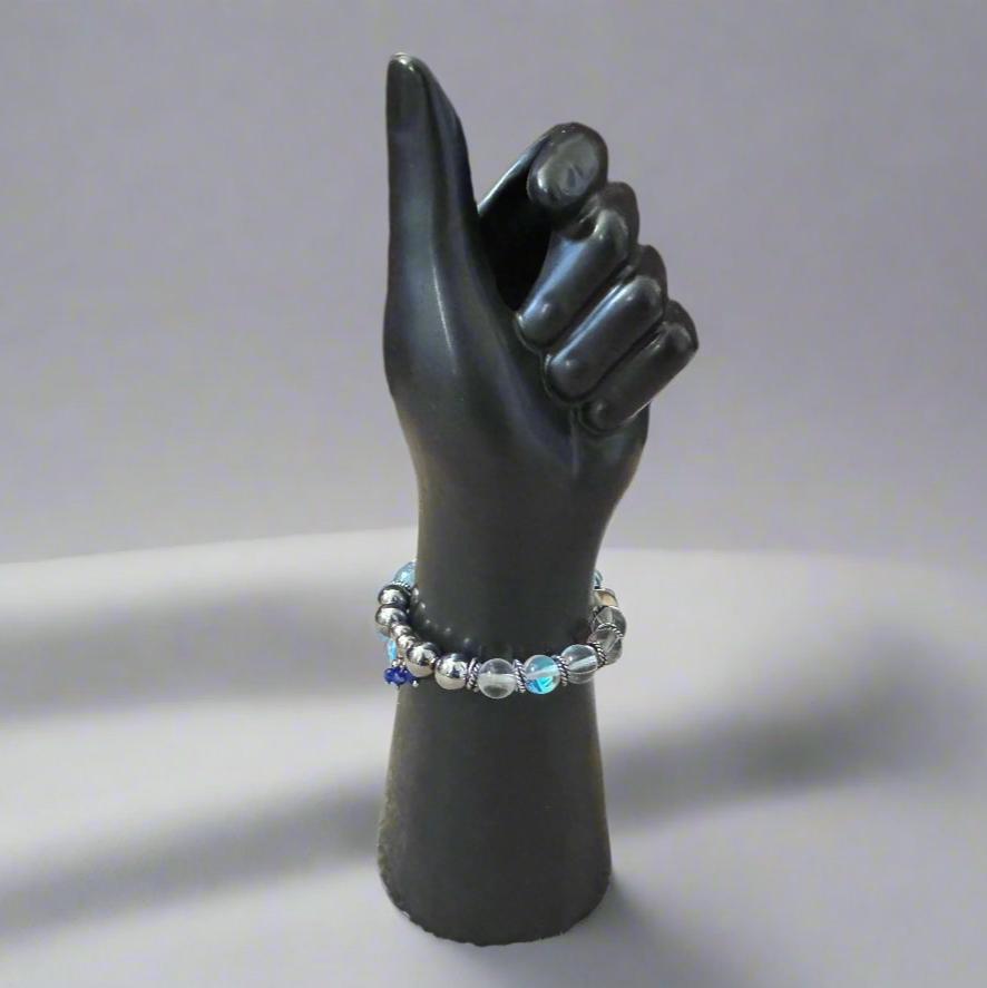 Blue Plated Agate & Silver Hematite Bracelet with Fire - Polished Charm – Handmade on Elastic Cord - Gezia Accents