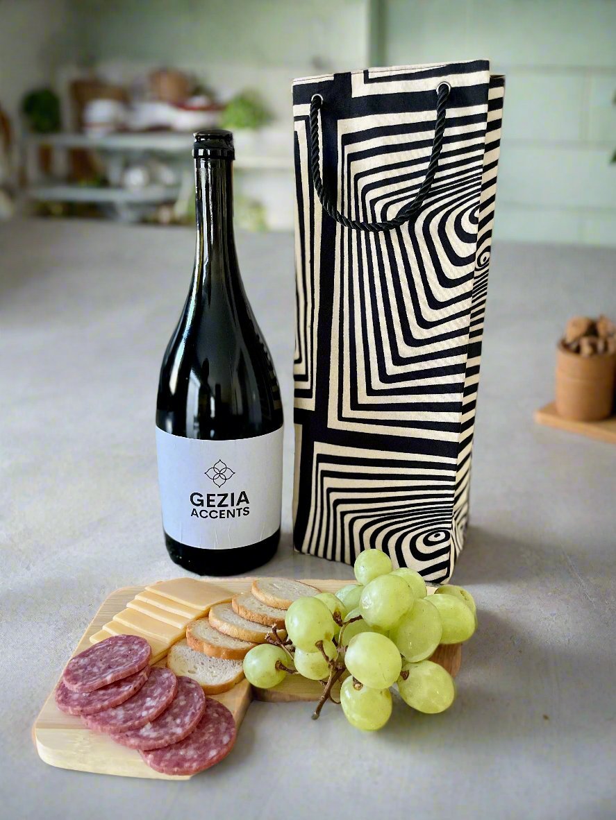 Ethnic, Fabric, Patterned, Handmade Black and Cream Wine Gift Bag - Gezia Accents