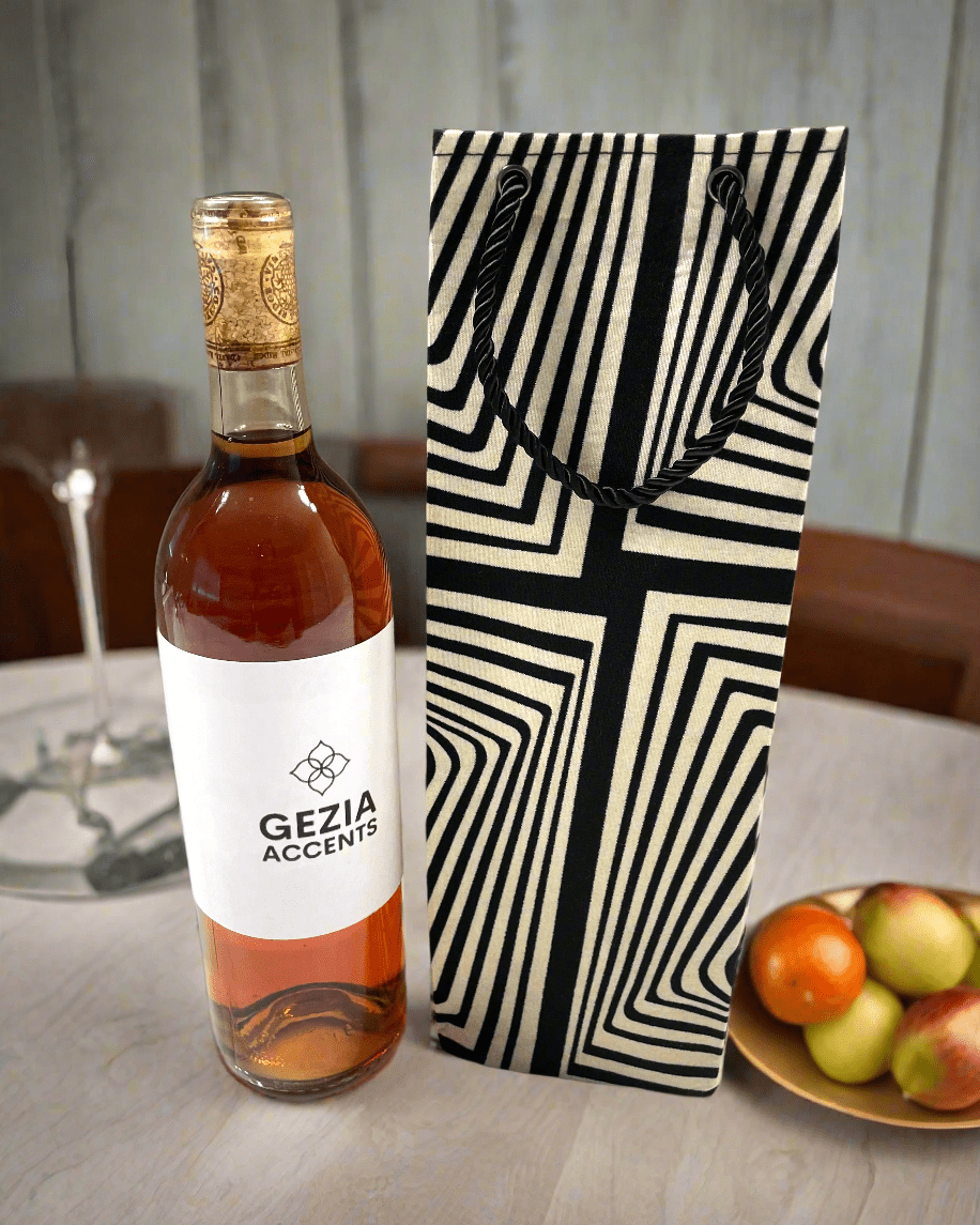 Ethnic, Fabric, Patterned, Handmade Black and Cream Wine Gift Bag - Gezia Accents