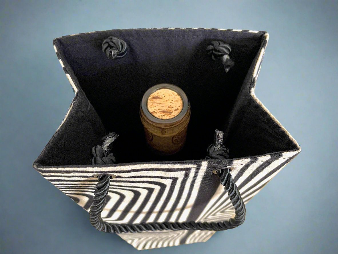 Ethnic, Fabric, Patterned, Handmade Black and Cream Wine Gift Bag - Gezia Accents
