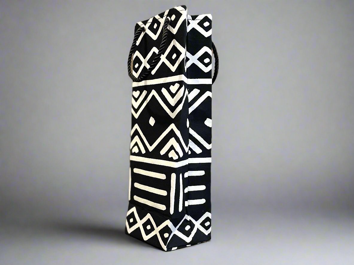 Ethnic, Fabric, Patterned, Handmade Black and White Wine Gift Bag - Gezia Accents