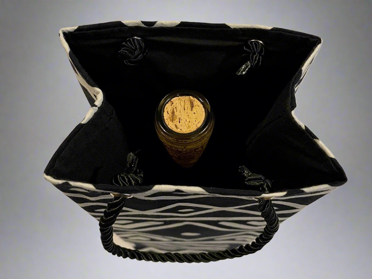 Ethnic, Fabric, Patterned, Handmade Black and White Wine Gift Bag - Gezia Accents
