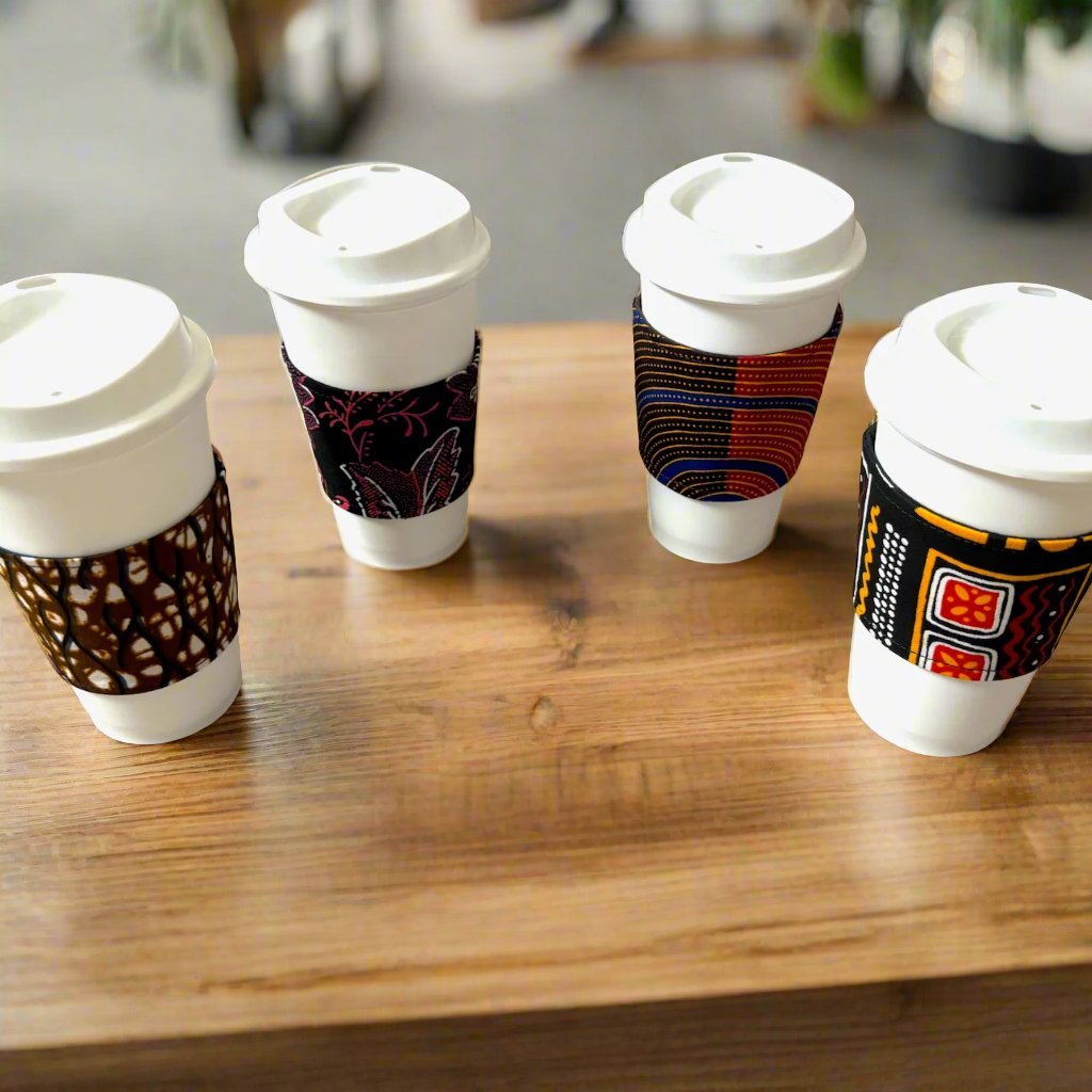 Ethnic, Fabric, Patterned, Handmade Black, White, and Pink Cup Sleeve - Gezia Accents
