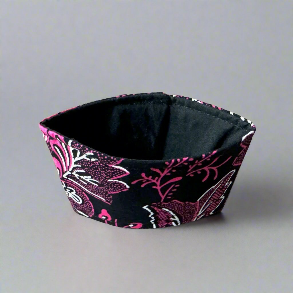 Ethnic, Fabric, Patterned, Handmade Black, White, and Pink Cup Sleeve - Gezia Accents