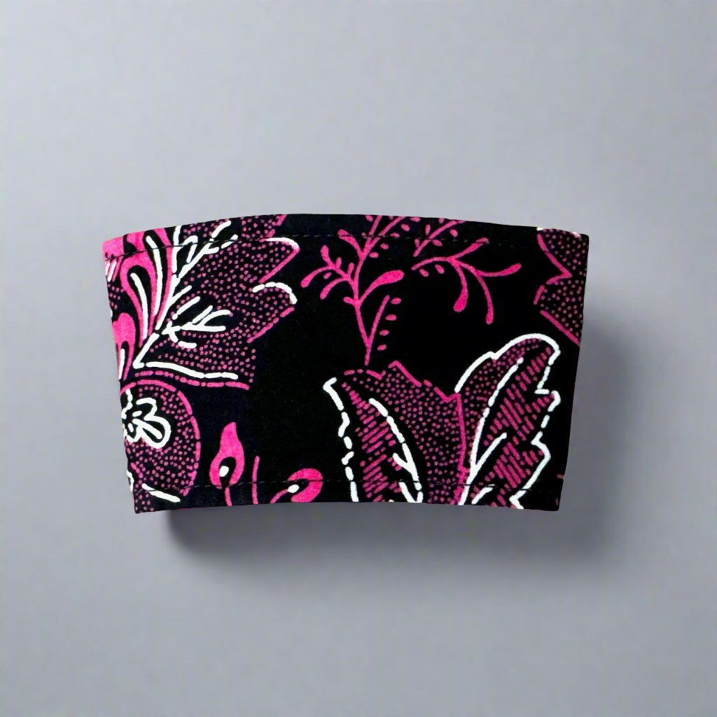 Ethnic, Fabric, Patterned, Handmade Black, White, and Pink Cup Sleeve - Gezia Accents