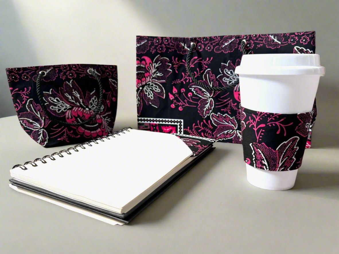 Ethnic, Fabric, Patterned, Handmade Black, White, and Pink Cup Sleeve - Gezia Accents