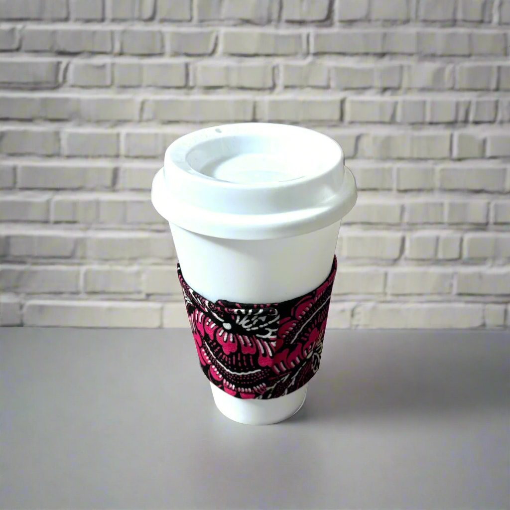 Ethnic, Fabric, Patterned, Handmade Black, White, and Pink Cup Sleeve - Gezia Accents