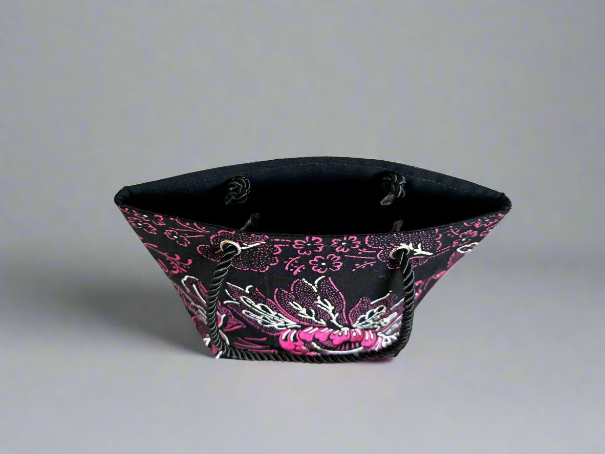Ethnic, Fabric, Patterned, Handmade Black, White, and Pink Mini Tote - Gezia Accents