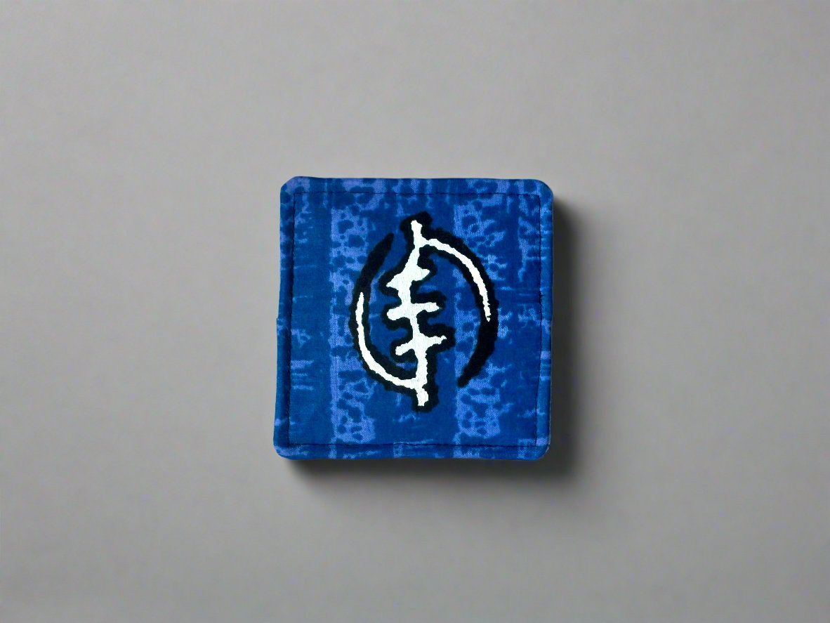 Ethnic, Fabric, Patterned, Handmade Blue, Black, and White Coasters - Gezia Accents