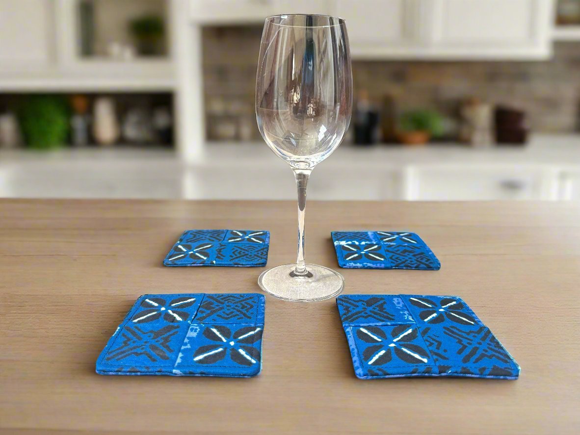Ethnic, Fabric, Patterned, Handmade Blue, Black, and White Coasters - Gezia Accents