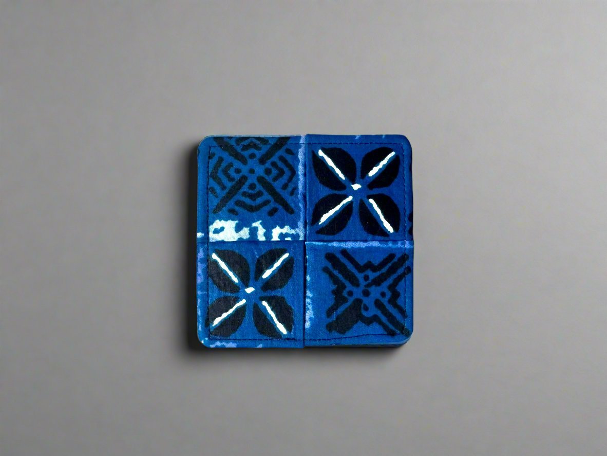 Ethnic, Fabric, Patterned, Handmade Blue, Black, and White Coasters - Gezia Accents