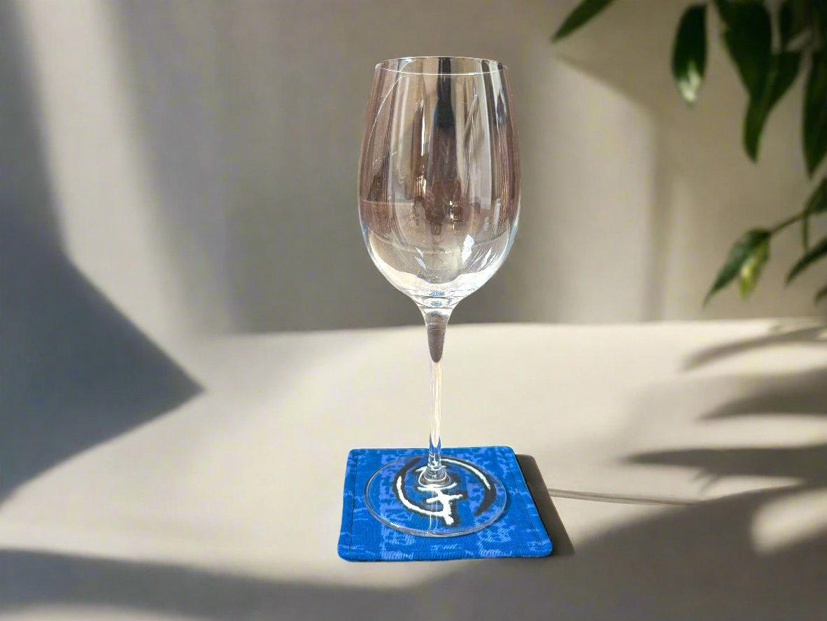 Ethnic, Fabric, Patterned, Handmade Blue, Black, and White Coasters - Gezia Accents