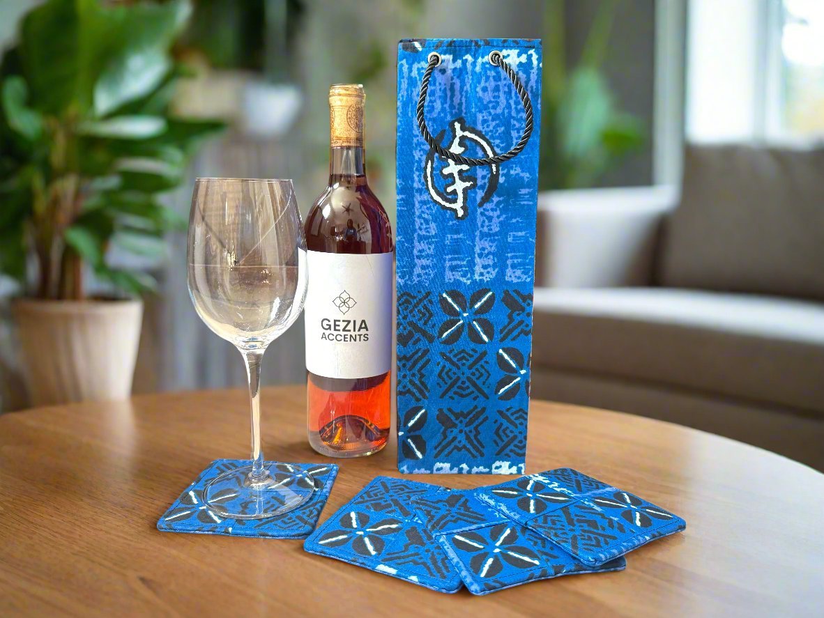 Ethnic, Fabric, Patterned, Handmade Blue, Black, and White Coasters - Gezia Accents