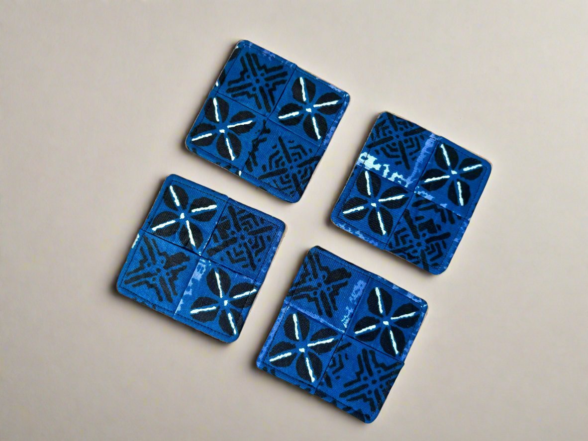 Ethnic, Fabric, Patterned, Handmade Blue, Black, and White Coasters - Gezia Accents