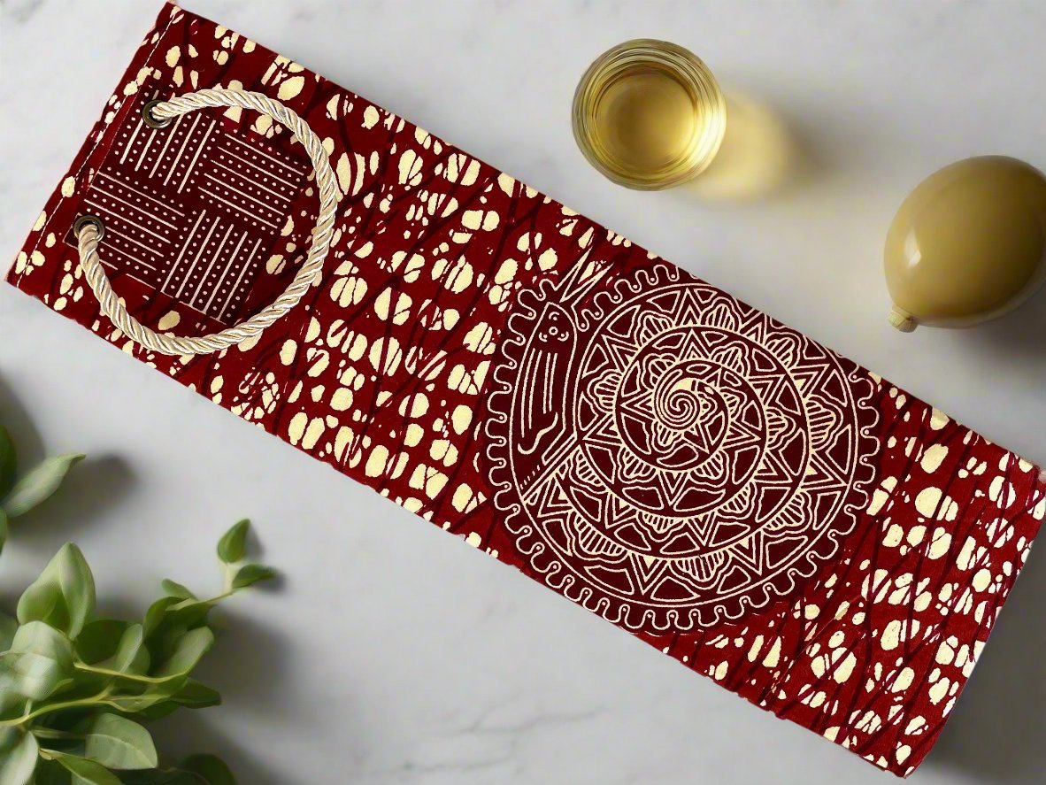 Ethnic, Fabric, Patterned, Handmade Maroon and Cream Wine Gift Bag - Gezia Accents