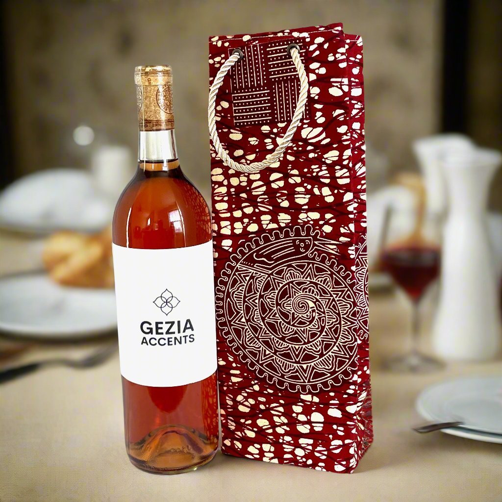 Ethnic, Fabric, Patterned, Handmade Maroon and Cream Wine Gift Bag - Gezia Accents