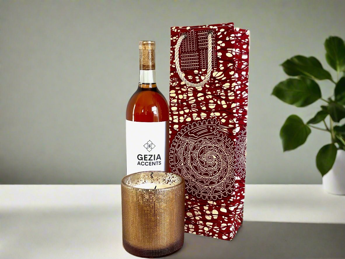 Ethnic, Fabric, Patterned, Handmade Maroon and Cream Wine Gift Bag - Gezia Accents