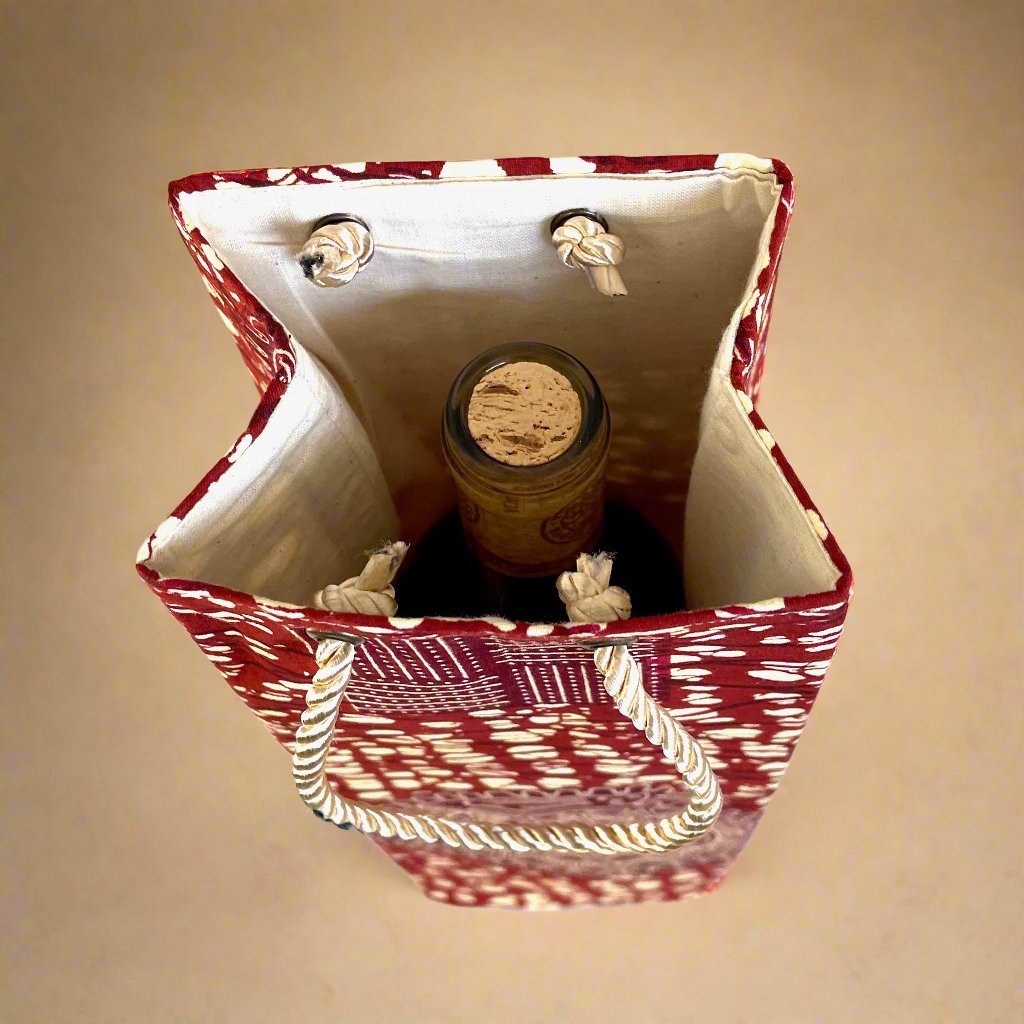 Ethnic, Fabric, Patterned, Handmade Maroon and Cream Wine Gift Bag - Gezia Accents