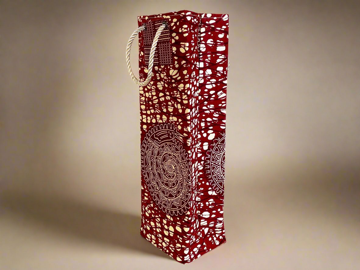Ethnic, Fabric, Patterned, Handmade Maroon and Cream Wine Gift Bag - Gezia Accents