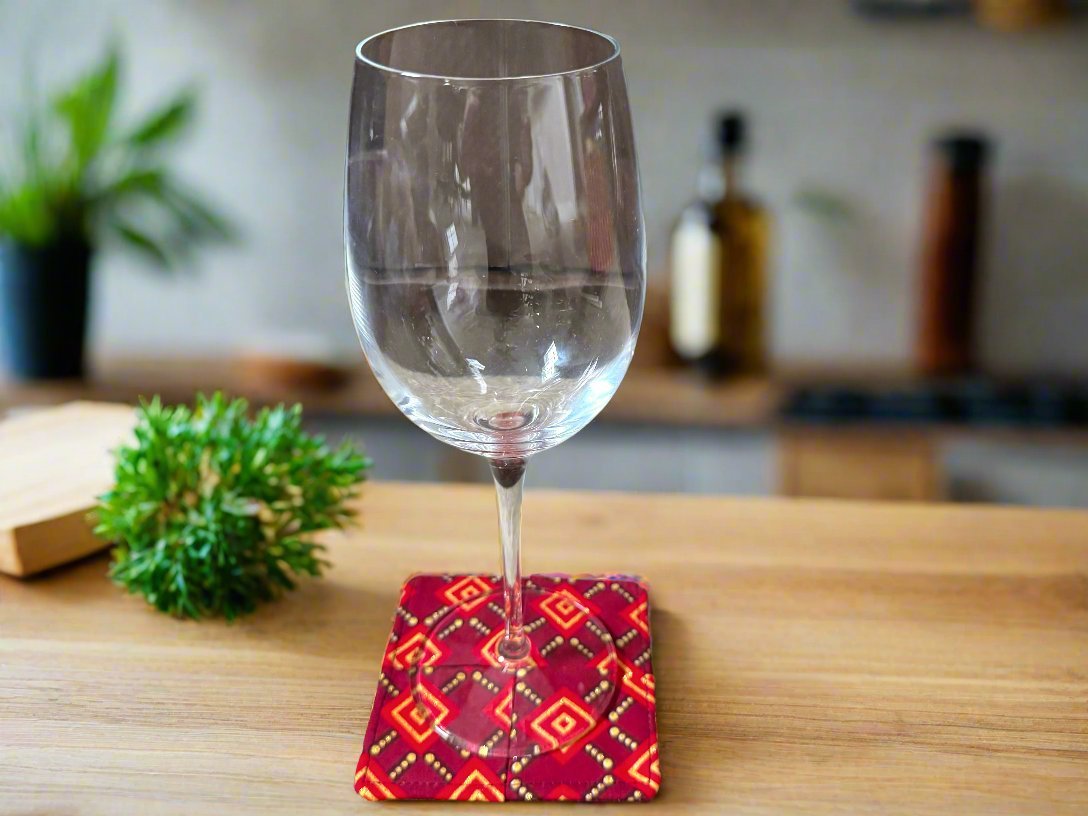 Ethnic, Fabric, Patterned, Handmade Maroon, Red, and Gold Coasters - Gezia Accents