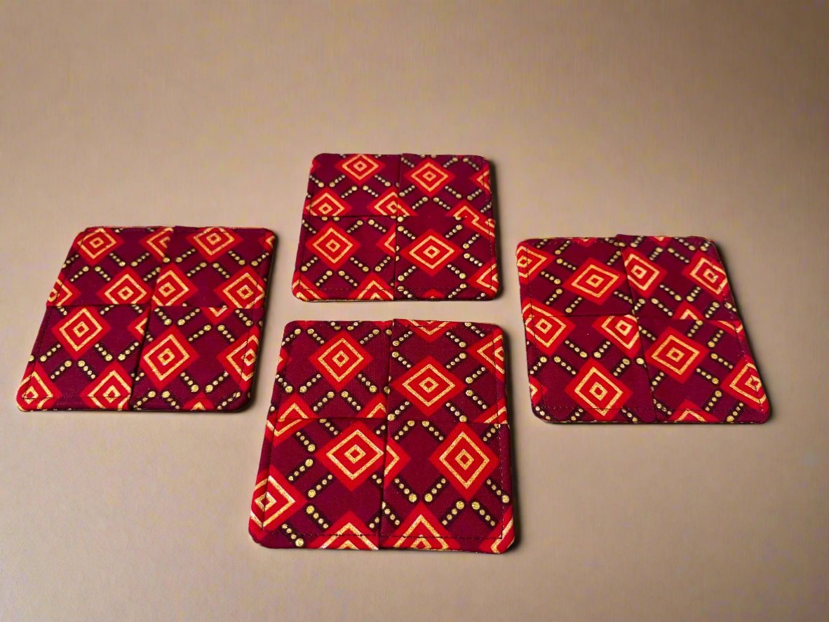 Ethnic, Fabric, Patterned, Handmade Maroon, Red, and Gold Coasters - Gezia Accents