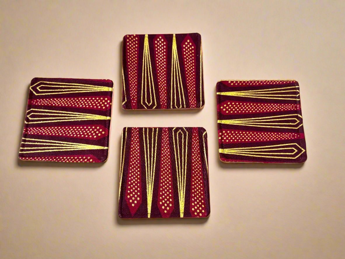 Ethnic, Fabric, Patterned, Handmade Maroon, Red, and Gold Coasters - Gezia Accents