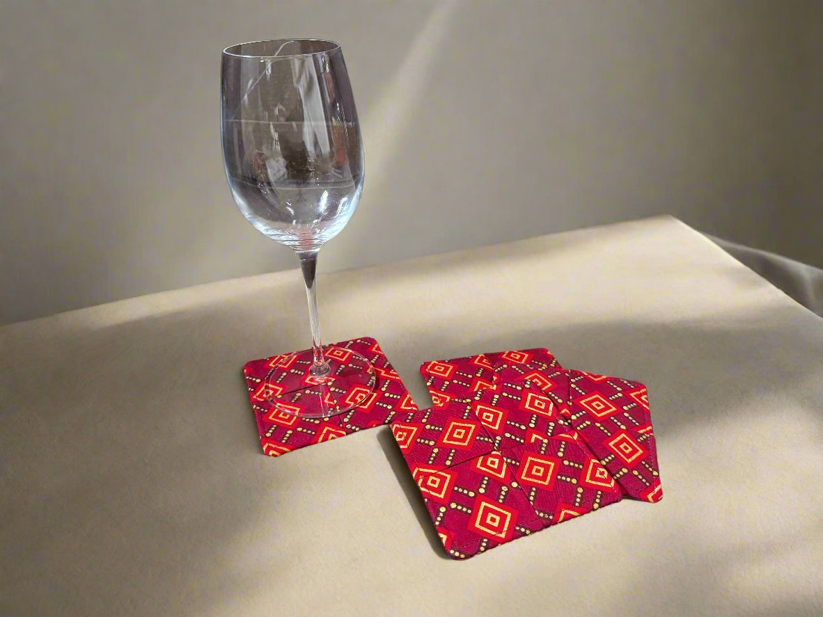 Ethnic, Fabric, Patterned, Handmade Maroon, Red, and Gold Coasters - Gezia Accents