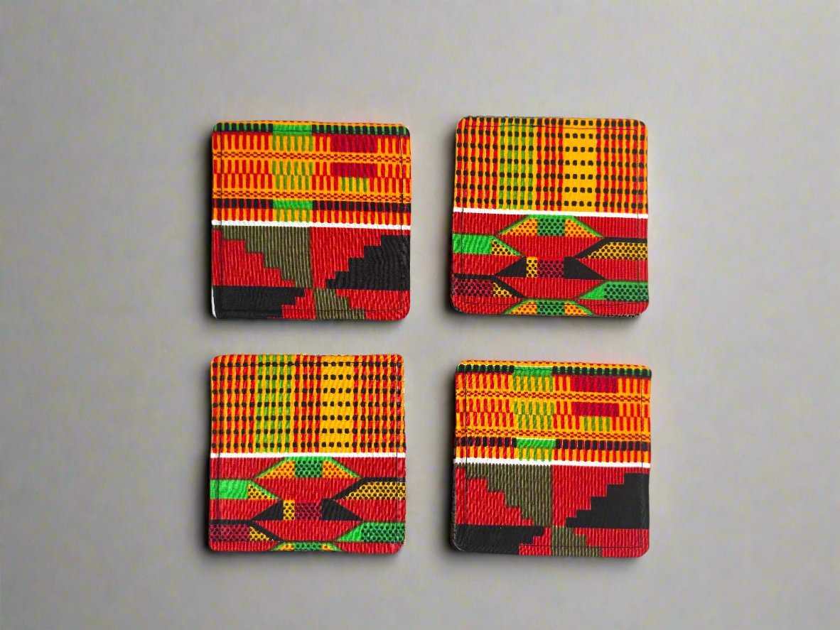 Ethnic, Fabric, Patterned, Handmade Orange, Yellow, Red, Black, and White Coasters - Gezia Accents