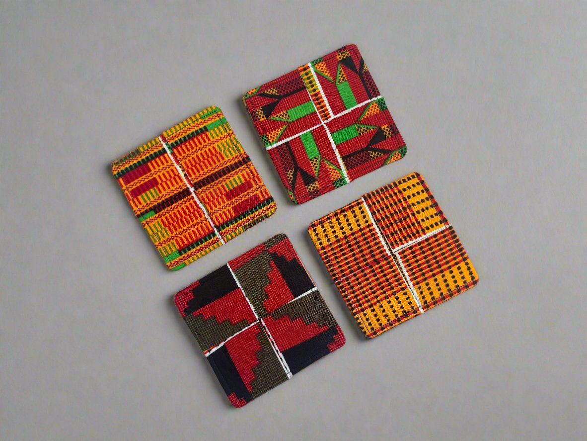 Ethnic, Fabric, Patterned, Handmade Orange, Yellow, Red, Black, and White Coasters - Gezia Accents