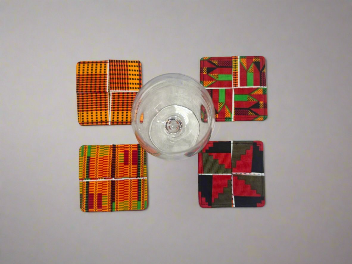 Ethnic, Fabric, Patterned, Handmade Orange, Yellow, Red, Black, and White Coasters - Gezia Accents