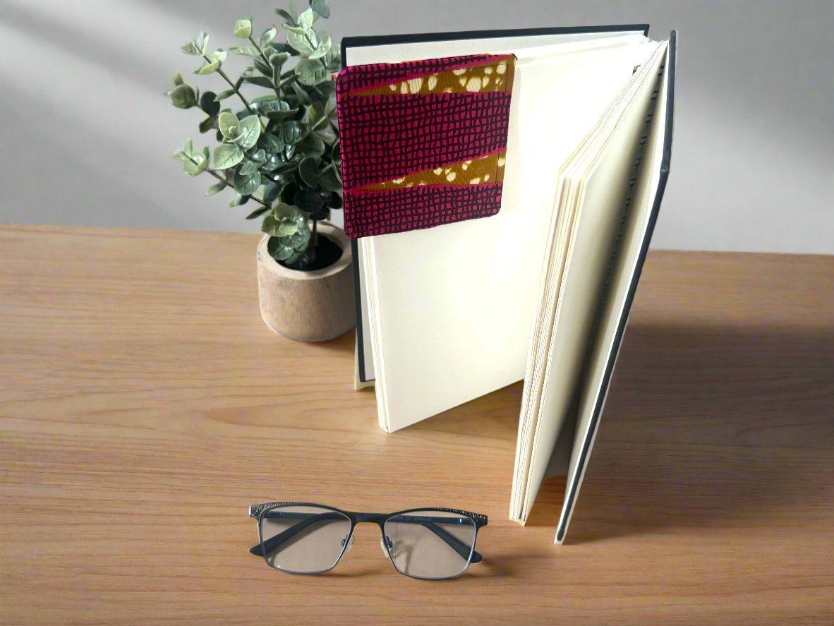 Ethnic, Fabric, Patterned, Handmade Pink, Brown, Black, and Cream Bookmark - Gezia Accents