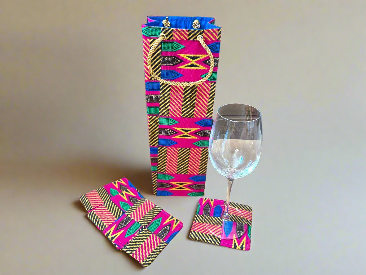 Ethnic, Fabric, Patterned, Handmade Pink, Green, Blue, Brown and Gold Coasters - Gezia Accents