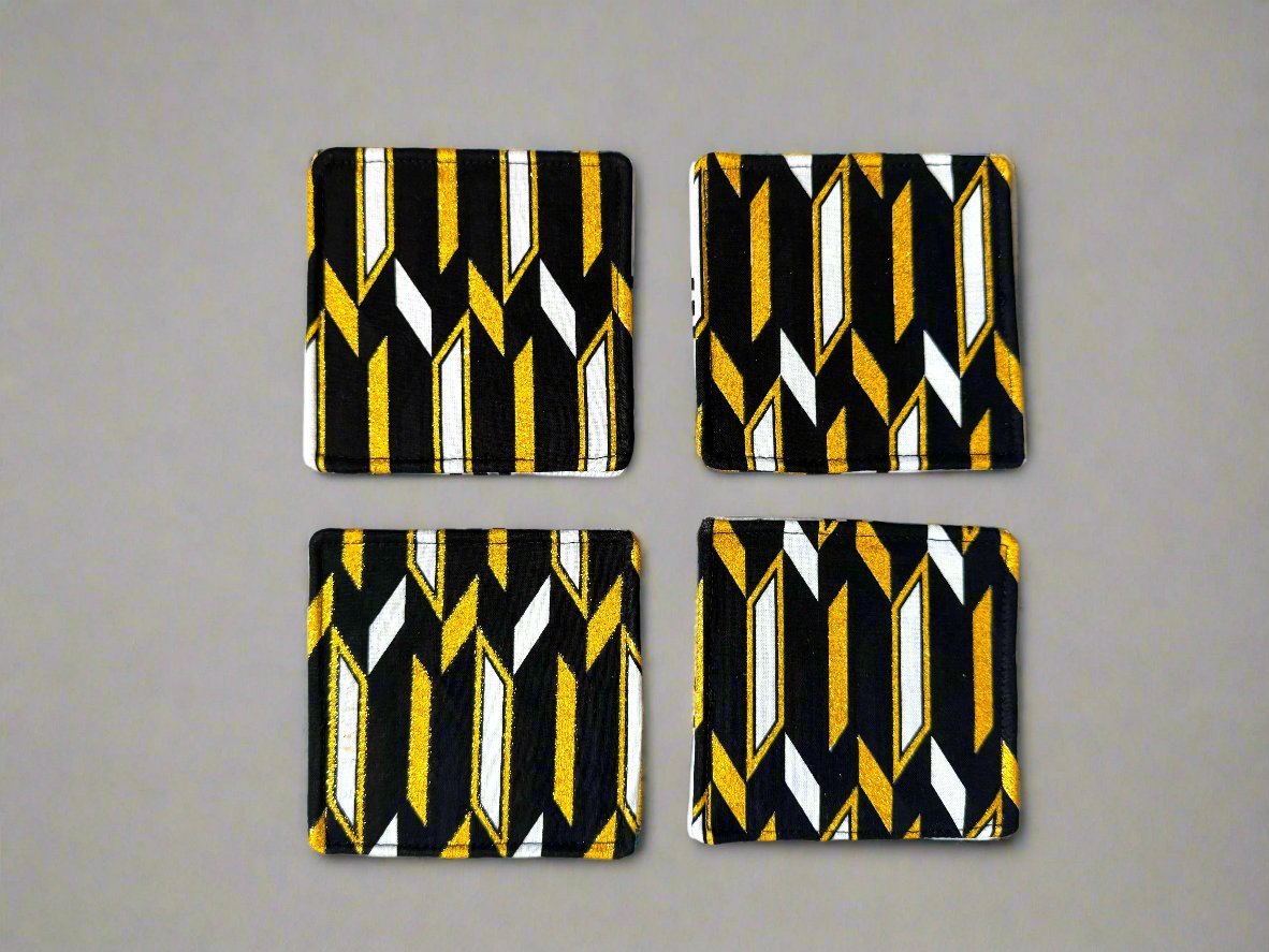 Ethnic, Fabric, Patterned, Handmade White, Black, and Gold Coasters - Gezia Accents