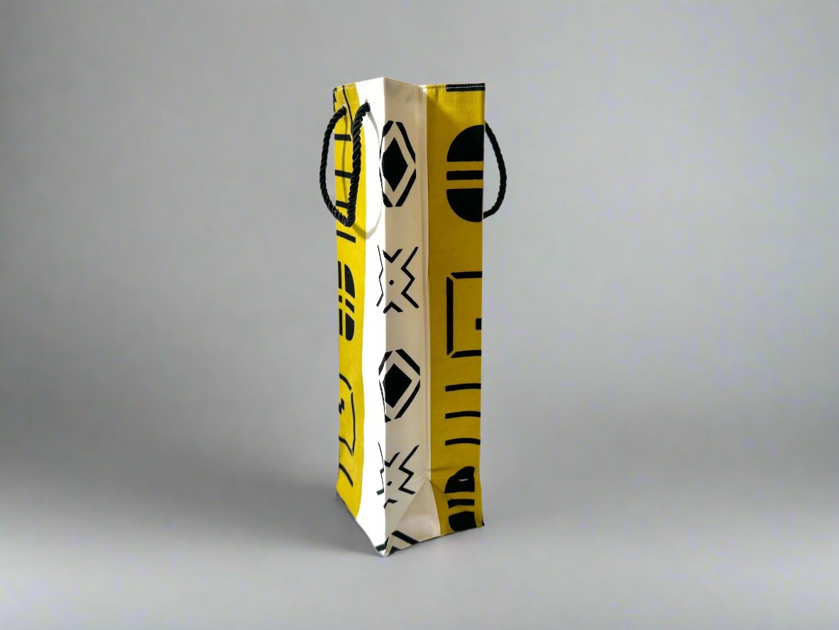 Ethnic, Fabric, Patterned, Handmade White, Yellow, and Black Wine Gift Bag - Gezia Accents