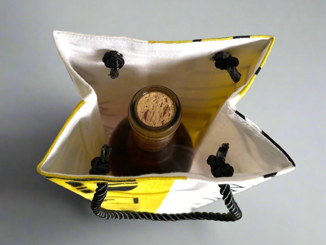 Ethnic, Fabric, Patterned, Handmade White, Yellow, and Black Wine Gift Bag - Gezia Accents