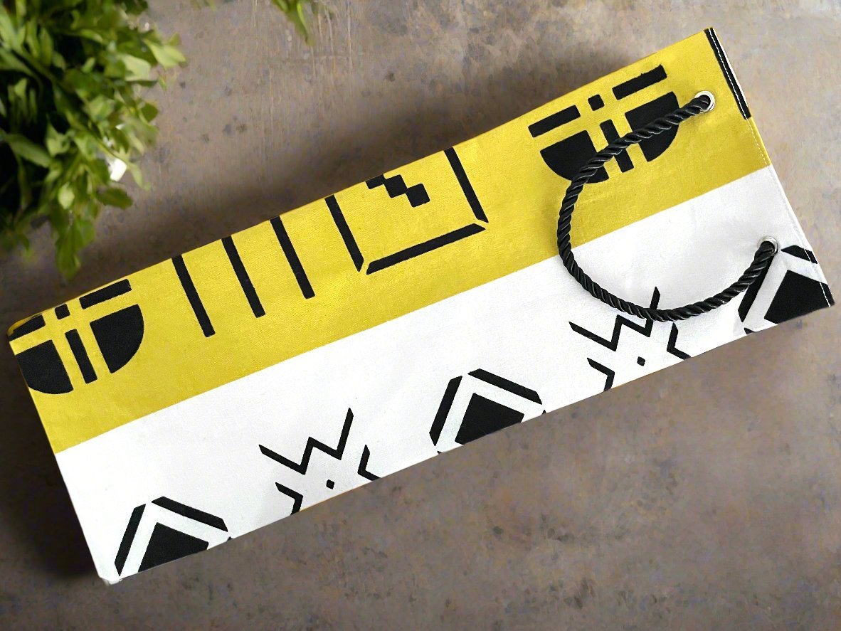Ethnic, Fabric, Patterned, Handmade White, Yellow, and Black Wine Gift Bag - Gezia Accents