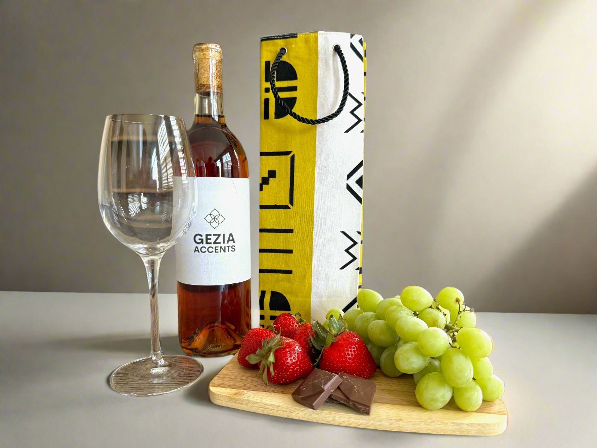 Ethnic, Fabric, Patterned, Handmade White, Yellow, and Black Wine Gift Bag - Gezia Accents