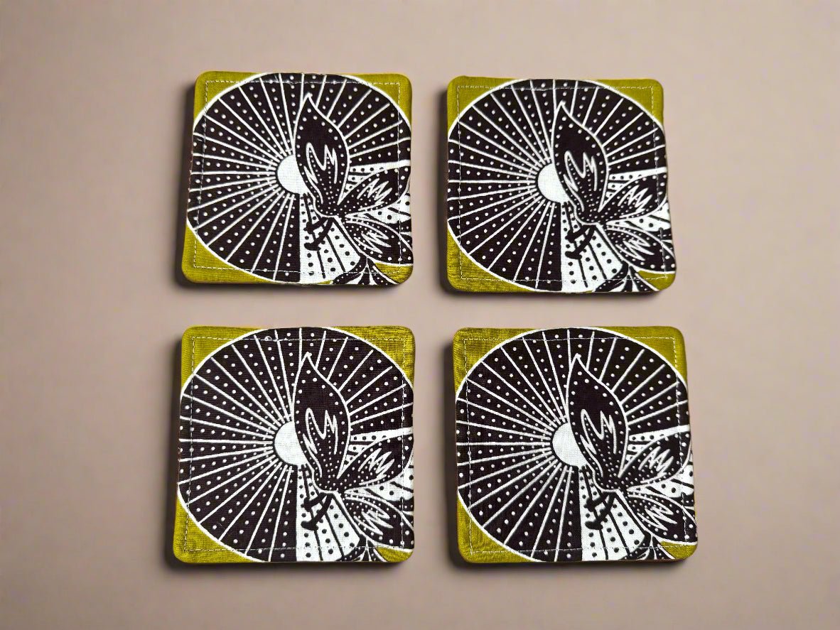๐ Handmade African Fabric Coasters โ Set of 4 | Cultural Home Decor | Eco - Friendly Gift | Wax Print Drink Coasters ๐๐ง - Gezia Accents
