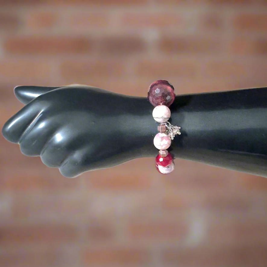 Handmade Bracelet with Red Quartz Focal Bead, Rhodochrosite, and Faceted Glass – Copper & Brass Accents - Gezia Accents