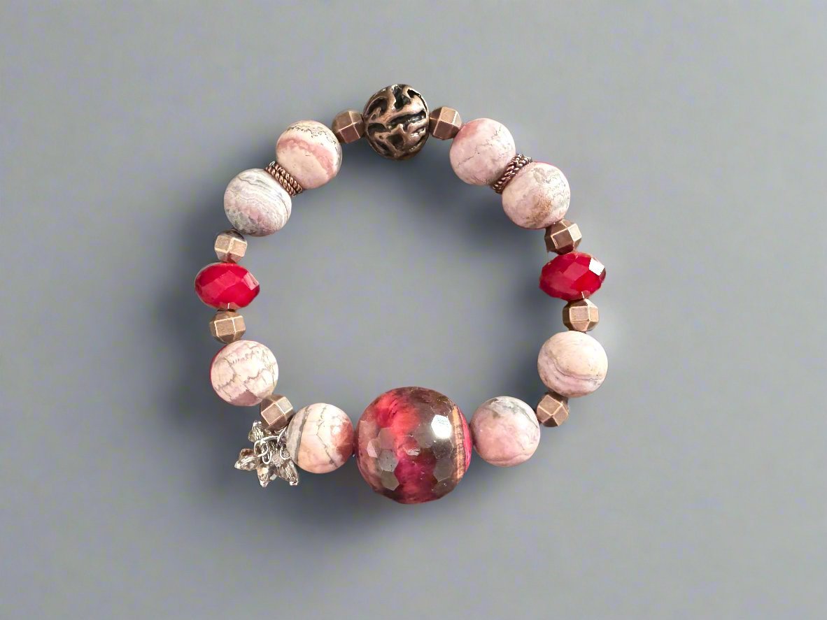 Handmade Bracelet with Red Quartz Focal Bead, Rhodochrosite, and Faceted Glass – Copper & Brass Accents - Gezia Accents
