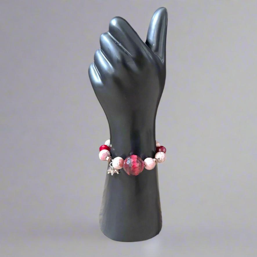 Handmade Bracelet with Red Quartz Focal Bead, Rhodochrosite, and Faceted Glass – Copper & Brass Accents - Gezia Accents