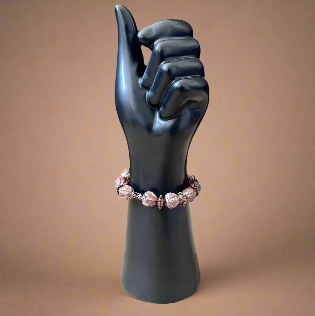 Unique Handmade Bracelet: Leopard Jasper Beads, Brass Spacers & Hand of Fatima Charm - Gezia Accents