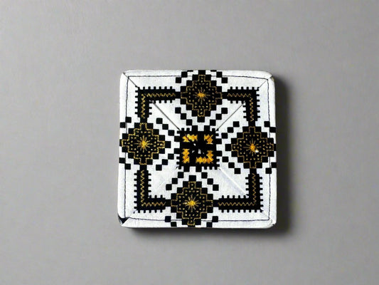 Ethnic, Fabric, Patterned, Handmade White, Black, and Gold Coasters