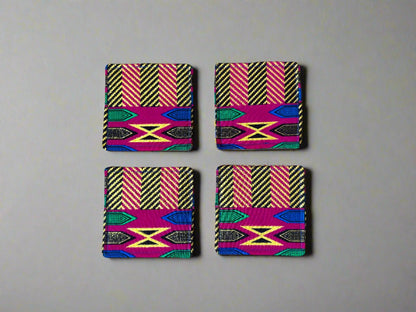 Ethnic, Fabric, Patterned, Handmade Pink, Green, Blue, Brown and Gold Coasters