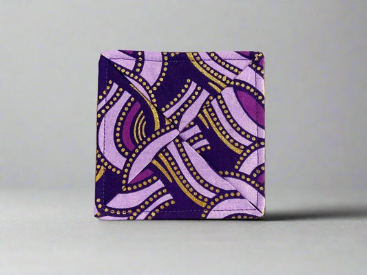 Ethnic, Fabric, Patterned, Handmade Dark Purple, Lavender, and Gold Coasters