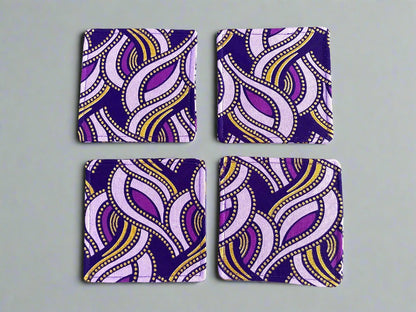 Ethnic, Fabric, Patterned, Handmade Dark Purple, Lavender, and Gold Coasters