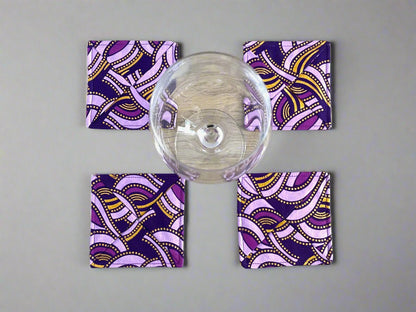 Ethnic, Fabric, Patterned, Handmade Dark Purple, Lavender, and Gold Coasters