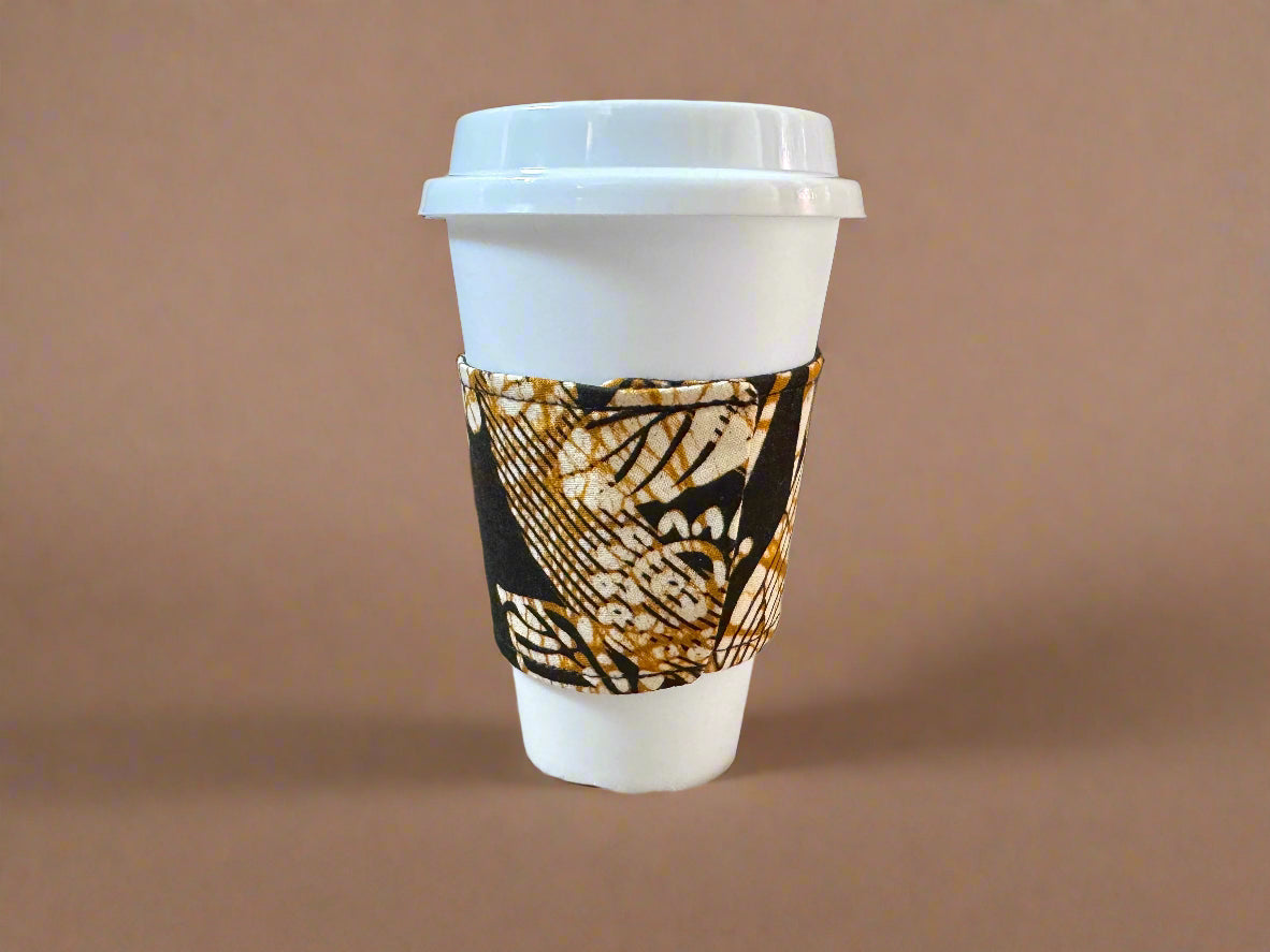 Ethnic, Fabric, Patterned, Handmade Cream, Black, and Gold Cup Sleeve